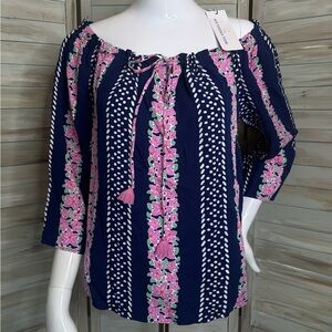 Southern Tide Mackenzie off shoulder navy blue + pink floral tunic top S NWT